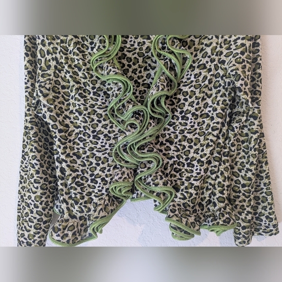 The Collective Works Of Berek Neon Green Leopard Print Ruffle Cardigan Retro Y2K - Picture 5 of 10